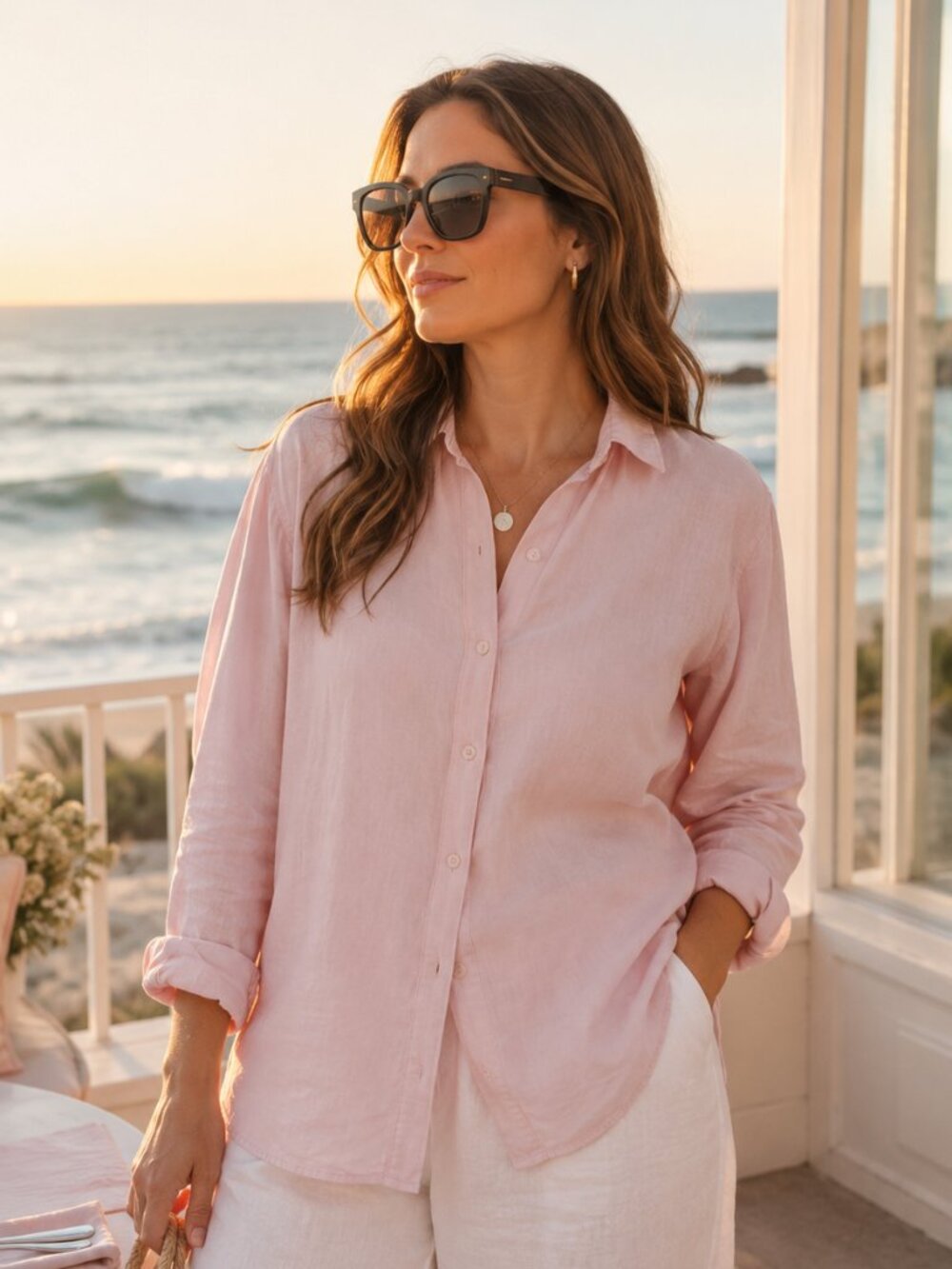 Women’s Pink Linen Blend Button Shirt Up L Coastal Grandma Quiet Luxury Resort